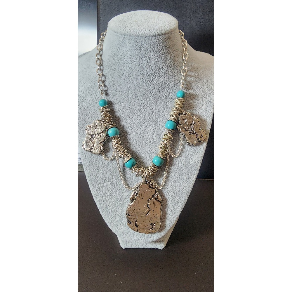 Boho Silver Tone Turquoise Bead Statement Necklace Organic Textured Pendant